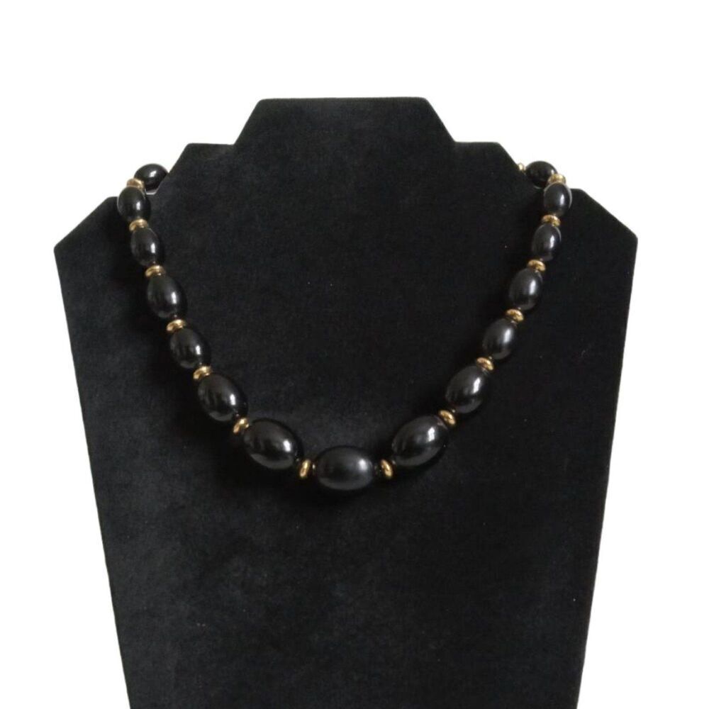 Vintage Napier Signed Black Oval Graduated Beaded Gold Tone Spacers Necklace